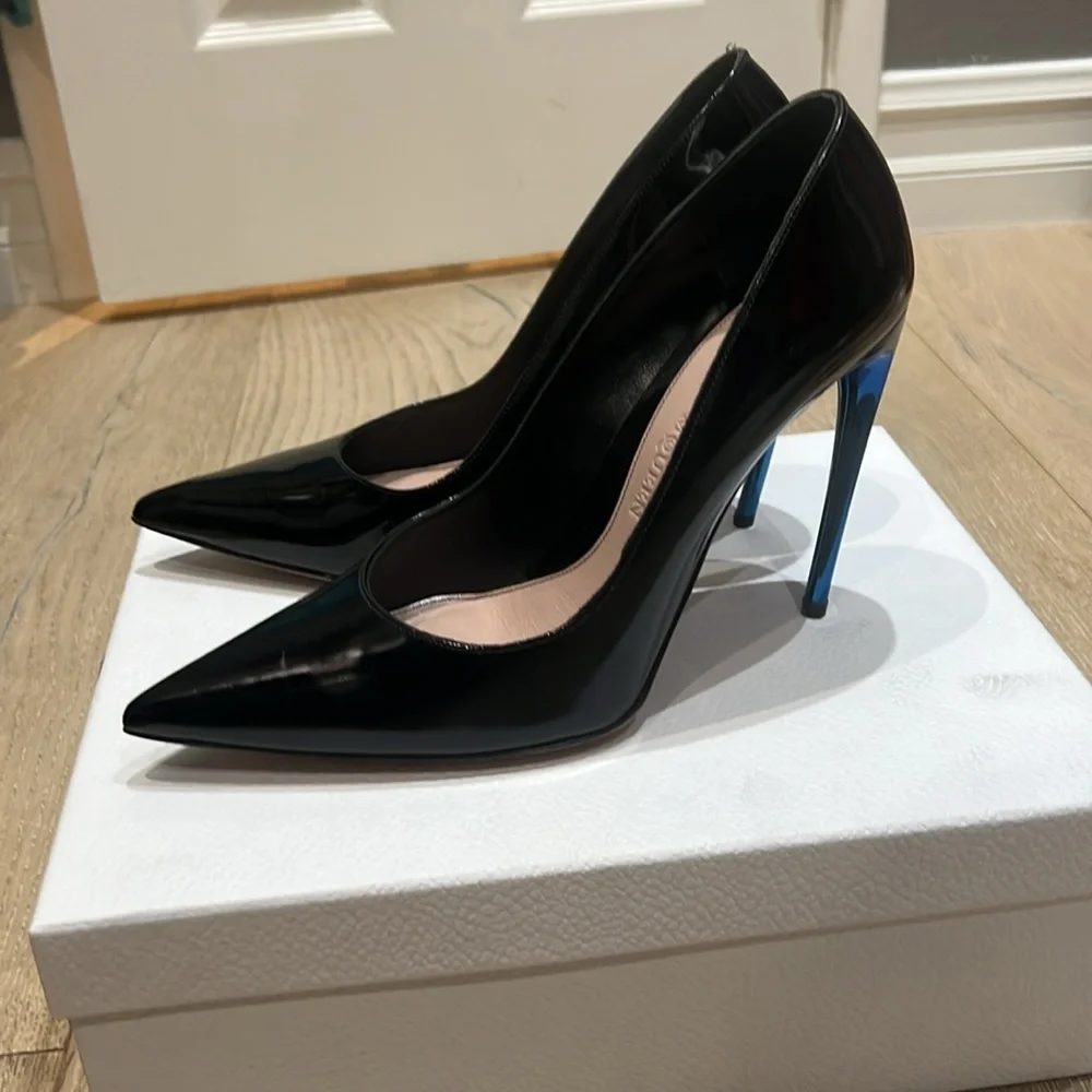 Alexander McQueen horn heel pump black with metallic blue heels size 40. - Picture 6 of 17